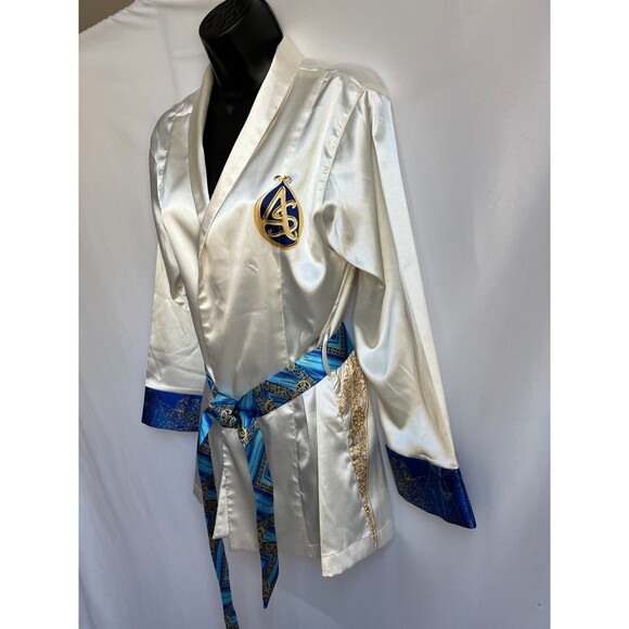 Antonio Stefano Cream White Satin Robe Size M Gold Blue Novelty Leopard Print - Picture 3 of 12